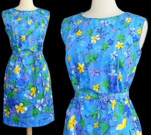 1960s Blue Hawaiian Sleeveless Dress, Made in Hawaii for Andrade Honolulu, Size M Medium - Fashionconservatory.com