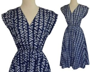 1970s Batik Hand Print Batik Navy and Blue Cotton Day Dress, Made in Singapore, Size S Small - Fashionconservatory.com