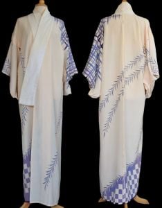 1930s Showa Period Japanese Silk Crepe Kimono in Cream with Navy Blue Check and Bamboo Print