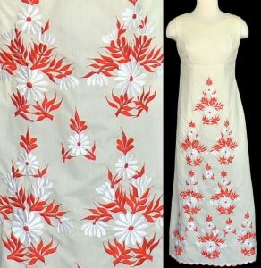 1970s Embroidered Floral Red and Cream Maxi Dress, Size S Small