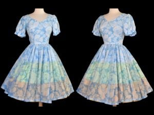 1950s H Bar C California Ranchwear Dress, Western Party Dance Organza Floral Print, Small