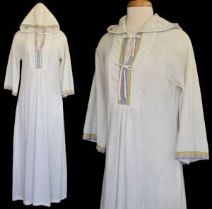 1970s Off White Cotton Blend Hooded Kaftan Maxi Dress with Rainbow Trim, Size Small