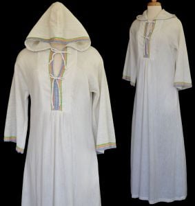 1970s Off White Cotton Blend Hooded Kaftan Maxi Dress with Rainbow Trim, Size Small - Fashionconservatory.com