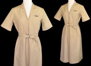 1980s Jordache Zip Front Military Style Khaki Day Dress, Size M Medium