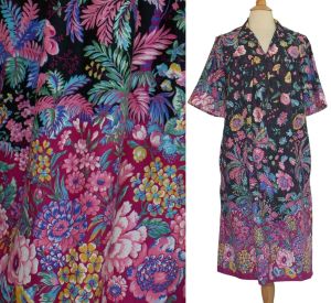 1960s Models Coat House Dress, Dark Floral Print House Coat, Pink and Black Cotton, L Large - Fashionconservatory.com