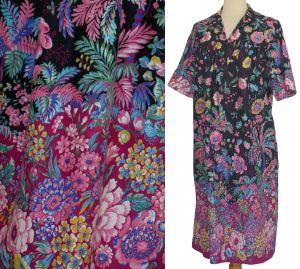 1960s Models Coat House Dress, Dark Floral Print House Coat, Pink and Black Cotton, L Large