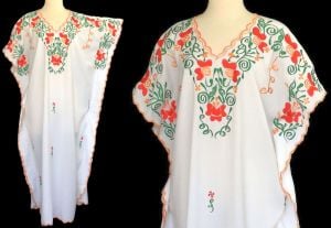 1990s Embroidered Mexican Kaftan, Mexico Floral Caftan, Maxi Dress, Size L to XL - Fashionconservatory.com