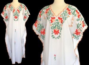 1990s Embroidered Mexican Kaftan, Mexico Floral Caftan, Maxi Dress, Size L to XL