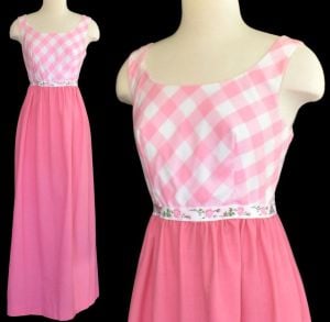 1960s Pink and White Gingham Check Maxi Dress, Roses Ribbon Trim, by Marla K CaliforniaSize M Medium