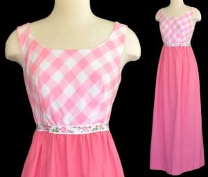 1960s Pink and White Gingham Check Maxi Dress, Roses Ribbon Trim, by Marla K CaliforniaSize M Medium - Fashionconservatory.com