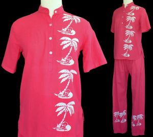 1970s Pink and White Cotton Blouse and Pants Two Piece Set, Palm Tree Print, Size S to M