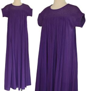 1970s I Magnin Purple Cotton Gauze Maxi Dress, Boho, Bohemian Kaftan, XS to S  - Fashionconservatory.com