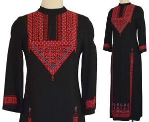 1970s Black Hand Embroidered Ethnic Kaftan Maxi Dress,  Size XS