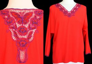 1990s Red Bali Crochet Blouse With Embroidered Floral and Butterfly Cutwork, Size XL to 1X - Fashionconservatory.com