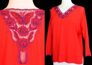 1990s Red Bali Crochet Blouse With Embroidered Floral and Butterfly Cutwork, Size XL to 1X