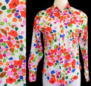 1970s Floral Print Blouse, Rainbow Mod Cotton Shirt, Button Up, Size S Small - Fashionconservatory.com