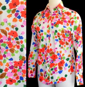 1970s Floral Print Blouse, Rainbow Mod Cotton Shirt, Button Up, Size S Small