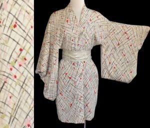 1930s Silk Crepe Short Kimono, Japanese Haori, Geometric Print on Creme, Japan, Size S Small