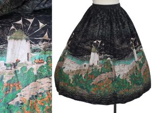 1950s Novelty Border Print Gathered Skirt, Mykonos Greece Windmill Print, Size S