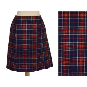 1970s Pendleton Knockabouts Wool Red and Navy Plaid Wrap Skirt, Small