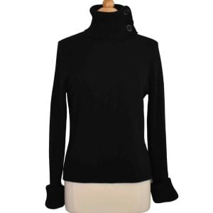 1990s Paul Stuart Black Cashmere Sweater, Split Collar Turtleneck Pullover Sweater, Size Large  - Fashionconservatory.com