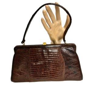 60s Brown Lizard Leather Top Handle Bag – Vintage Mod Frame Purse with Gold Clasp - Fashionconservatory.com
