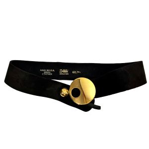 80s Wide Black Kid Suede Belt with Gold Sculptural Buckle 