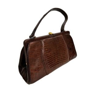 60s Brown Lizard Leather Top Handle Bag – Vintage Mod Frame Purse with Gold Clasp