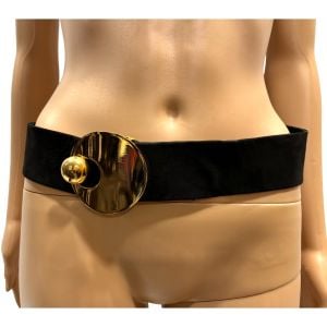 80s Wide Black Kid Suede Belt with Gold Sculptural Buckle  - Fashionconservatory.com