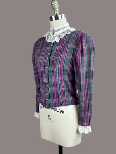 Vintage 70s Purple and Green Plaid Button Front, Long Sleeve, Lace Trimmed Blouse by TRY 1, Sz S - Fashionconservatory.com