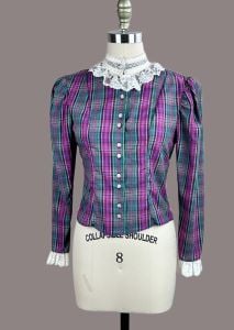 Vintage 70s Purple and Green Plaid Button Front, Long Sleeve, Lace Trimmed Blouse by TRY 1, Sz S