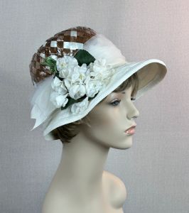 Vintage Taupe and Ivory Floral Capeline Wide Brim Hat by Adams Millinery
