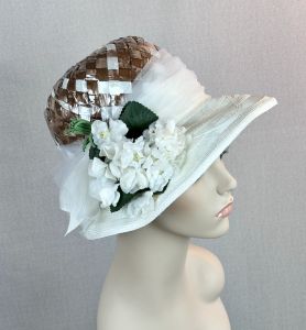 Vintage Taupe and Ivory Floral Capeline Wide Brim Hat by Adams Millinery - Fashionconservatory.com