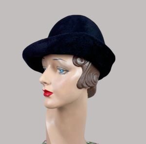 Vintage 60s Black Fur Felt Brimmed Cloche with Asymmetrical Brim, Adolfo II - Fashionconservatory.com