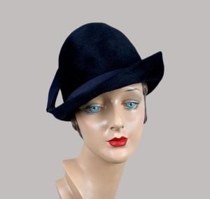 Vintage 60s Black Fur Felt Brimmed Cloche with Asymmetrical Brim, Adolfo II