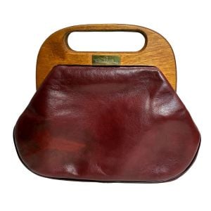 Rare 70s Oxblood Leather Wood Top Handle Handbag Mod Clutch Purse Burgundy