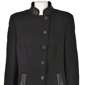 AKRIS Dark Brown Stretchy Wool Jacket with Faux Leather Trim SIZE D42 US12 - Fashionconservatory.com