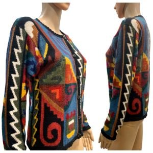 90s Y2K Baby Alpaca Colorful Abstract Pattern Cardigan Sweater | Peru - Fashionconservatory.com