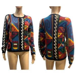 90s Y2K Baby Alpaca Colorful Abstract Pattern Cardigan Sweater | Peru