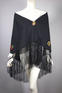 Black silk 1960s embroidered fringed shawl from Bordados Foronda S.A. Sevilla