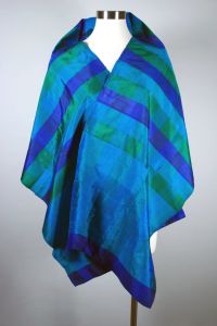 Aqua green colorful plaid Thai silk 1960s evening wrap shawl scarf