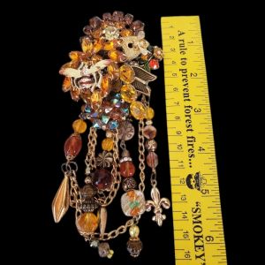 Vintage 90s Lorelei Amber Rhinestone Assemblage Brooch - 7'' Tall
