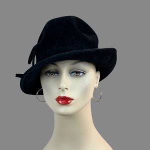 Vintage 70s Black Velour Ladies Angled Fedora by Angel