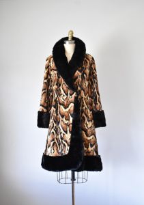 1970s faux fur coat, animal print fur collar swing coat, leopard print, princess coat - Fashionconservatory.com