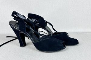 Vintage 50s Black Suede Peeptoe High Heel Ankle Tie Sandals, Shoes, Sz 7 1/2 Narrow