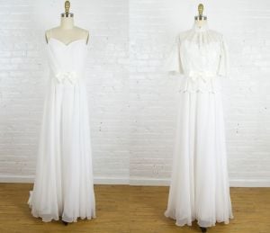 1980s white chiffon and lace sleeveless wedding dress with bolero jacket by Bianchi . small medium