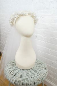1980s bridal wreath with rhinestones and pearls and medium long tulle veil - Fashionconservatory.com