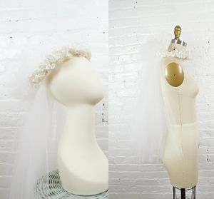 1980s bridal wreath with rhinestones and pearls and medium long tulle veil