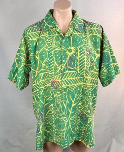Vintage 90s Green Hawaiian Style Shirt with Side Open Pleats, Sz XL