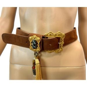 1994 Dark Caramel Suede Tassel Belt Gold Ornate Buckle S/M - Fashionconservatory.com